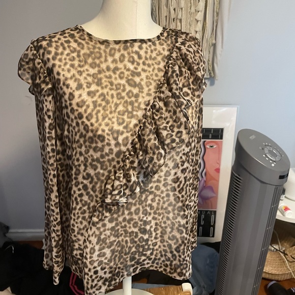 Topshop leopard asymmetrical ruffled sheer blouse - Picture 2 of 3